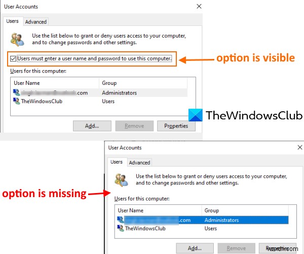 Windows 11/10에서  이 컴퓨터를 사용하려면 사용자 이름과 암호를 입력해야 합니다  옵션이 사라졌을 때 해결하는 방법