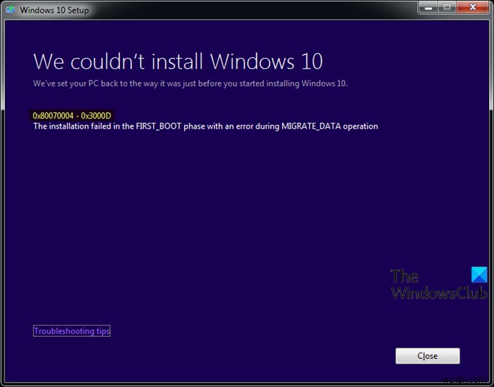 Windows 10 업그레이드 오류 0x80070004 – 0x3000D 해결 방법: MIGRATE_DATA 작업 중 설치 실패