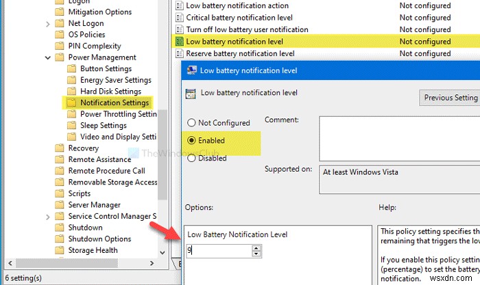 Windows 11/10에서 그룹 정책·레지스트리 편집기로 배터리 알림 수준과 동작 설정하는 방법