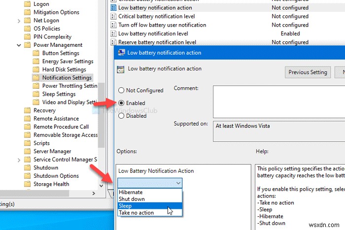 Windows 11/10에서 그룹 정책·레지스트리 편집기로 배터리 알림 수준과 동작 설정하는 방법