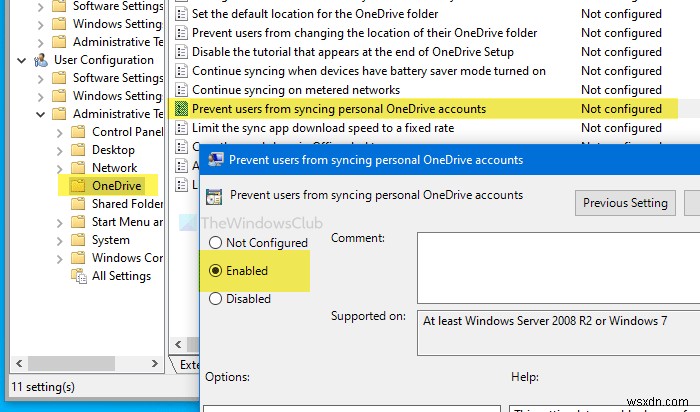 Windows 10에서 사용자가 개인 OneDrive 계정을 동기화하지 못하도록 차단하는 방법