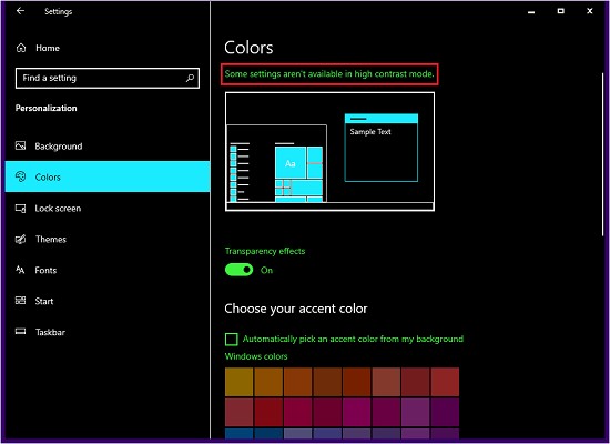 Windows 11/10  고대비 모드에서 일부 설정을 사용할 수 없습니다  오류 해결 방법