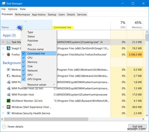 Windows 11/10 작업 관리자에서 명령줄(Command Line) 표시하는 방법