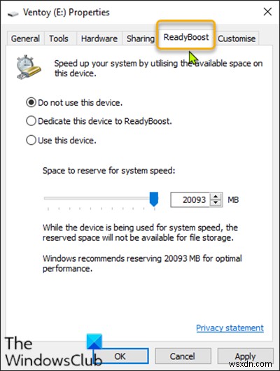 Windows 10 드라이브 속성에서 ReadyBoost 탭 추가 또는 제거하는 방법
