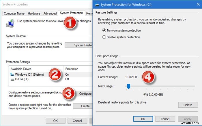 Windows 11/10 시스템 복원 공간 구성 및 복원 지점 생성 간격 설정 방법