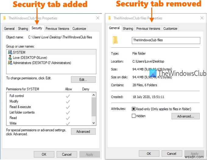 Windows 10 파일 탐색기에서 보안 탭 추가 또는 제거하는 방법