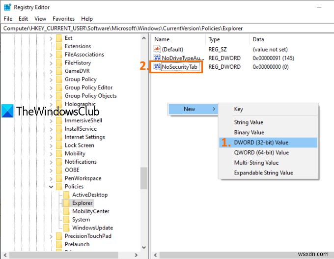 Windows 10 파일 탐색기에서 보안 탭 추가 또는 제거하는 방법