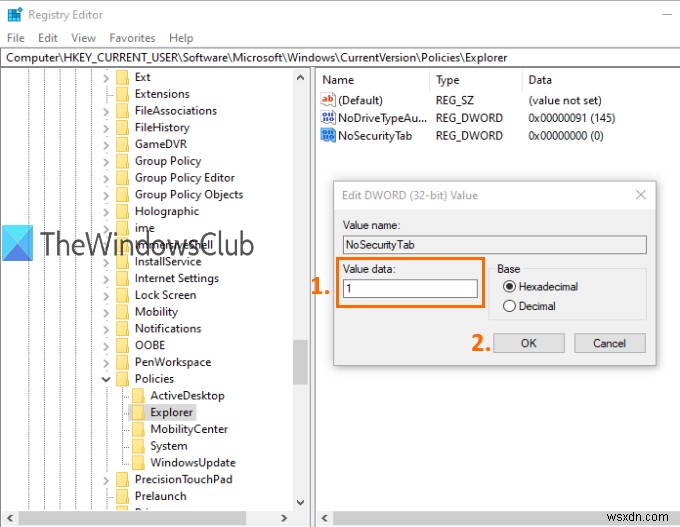 Windows 10 파일 탐색기에서 보안 탭 추가 또는 제거하는 방법