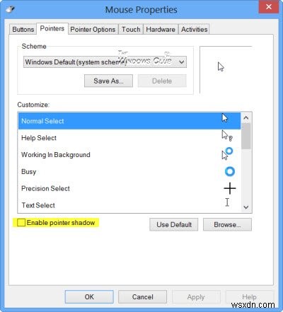 Windows 11/10에서 마우스 포인터 그림자 켜기·끄기 설정 방법