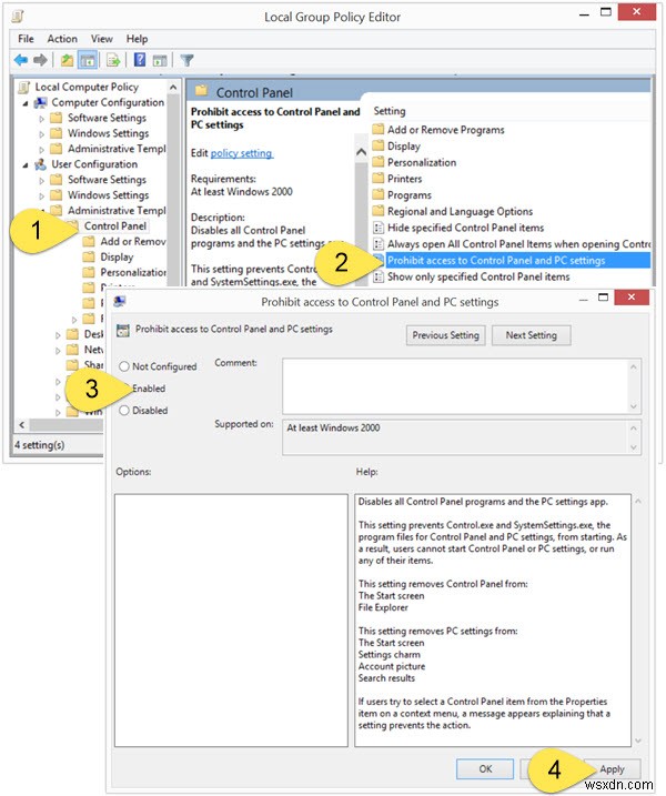 Windows 11/10에서 제어판 및 설정 앱 접근을 차단하는 방법