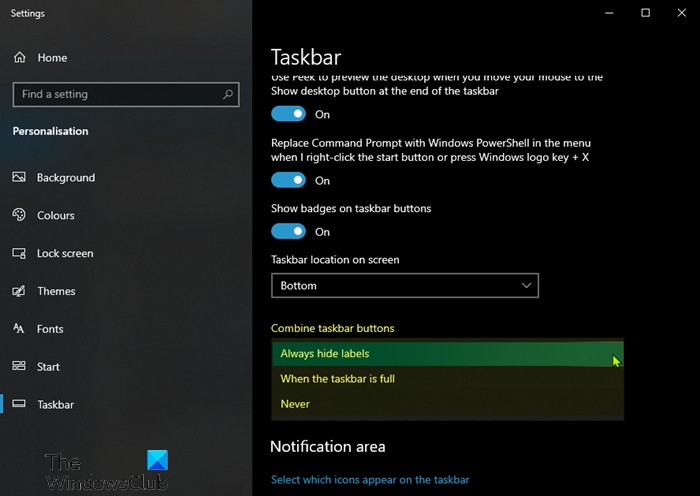 Windows 10 작업 표시줄에 프로그램 아이콘 이름을 표시하거나 숨기는 방법