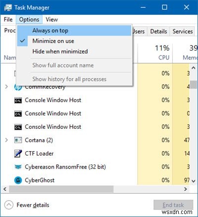 Windows 11/10에서 전체 화면 항상 위(Always-On-Top) 프로그램이나 게임 강제 종료하는 방법