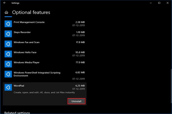Windows 10에서 Microsoft WordPad(워드패드) 제거 및 재설치하는 방법