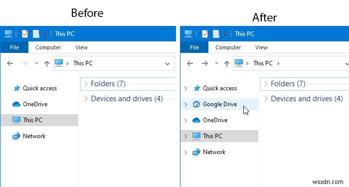 Windows 10 파일 탐색기 탐색 창에 Google 드라이브를 추가하는 방법