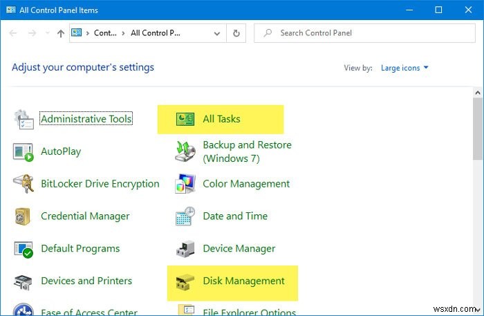 Windows 11/10 제어판에 모든 작업 과 디스크 관리 추가하는 방법