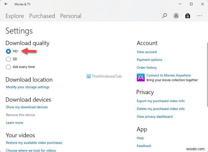 Windows 11/10 영화 및 TV 앱에서 항상 HD 비디오를 다운로드하도록 설정하는 방법