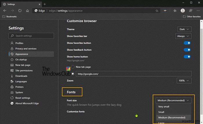 Microsoft Edge 브라우저에서 기본 글꼴 크기 및 스타일 변경하는 방법