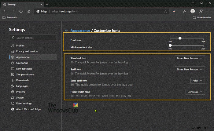 Microsoft Edge 브라우저에서 기본 글꼴 크기 및 스타일 변경하는 방법
