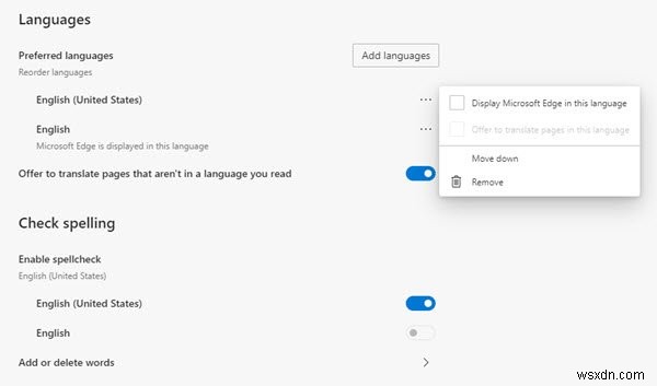 Microsoft Edge에서 웹사이트 자동 번역 켜기·끄기 및 언어 추가, 표시 언어 변경하는 방법