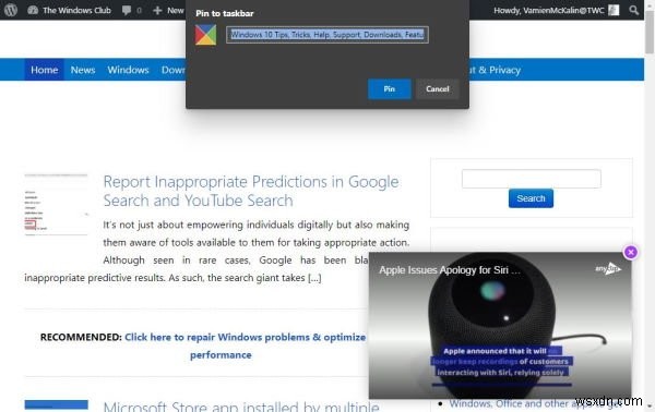 Microsoft Edge로 작업 표시줄에 웹사이트 고정하는 방법