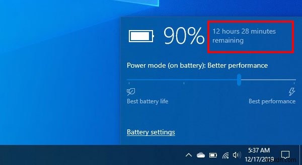 Windows 10에서 남은 배터리 사용 시간 표시 기능 활성화하는 방법