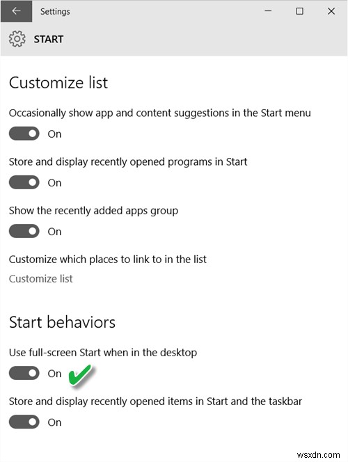 Windows 10에서 전체 화면 시작 메뉴 사용하는 방법