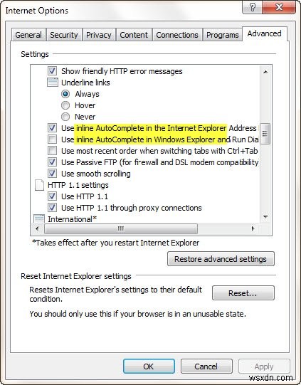Windows 10 탐색기·실행 창·IE에서 자동 완성 및 인라인 자동 완성 켜기/끄기