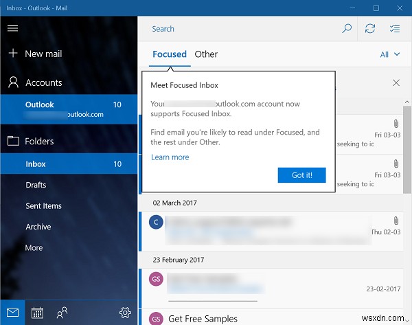 Windows 10 메일 앱에서 중요 받은 편지함(Focused Inbox) 켜기 또는 끄기