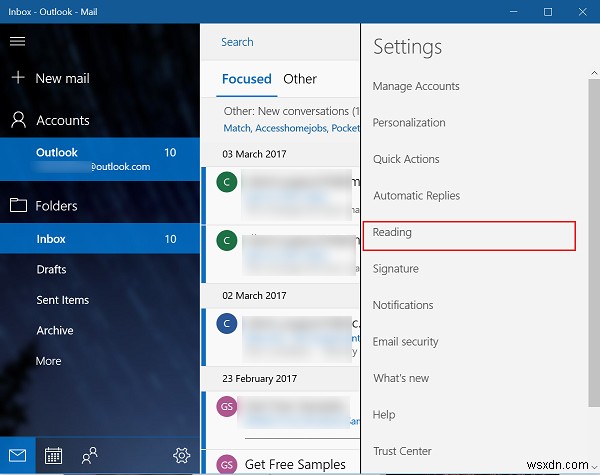 Windows 10 메일 앱에서 중요 받은 편지함(Focused Inbox) 켜기 또는 끄기
