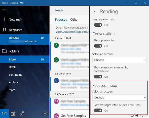 Windows 10 메일 앱에서 중요 받은 편지함(Focused Inbox) 켜기 또는 끄기