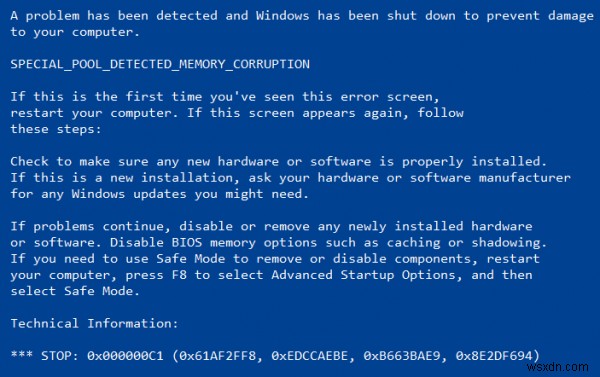 Windows 10 SPECIAL_POOL_DETECTED_MEMORY_CORRUPTION(0x000000C1) 블루스크린 오류 해결 방법