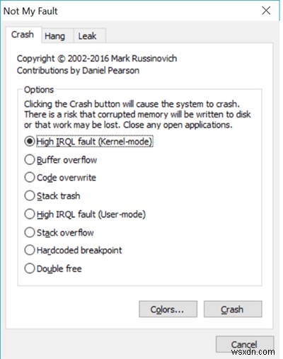 NotMyFault 도구로 Windows에서 블루스크린, 시스템 중단 및 커널 메모리 누수 발생시키기