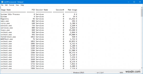 Windows 내장 TaskList 명령어로 실행 중인 프로세스를 텍스트 파일로 저장하는 방법