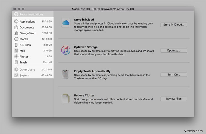 macOS 시에라의  제거 가능(Purgeable)  공간 완벽 이해와 저장 공간 최적화 방법