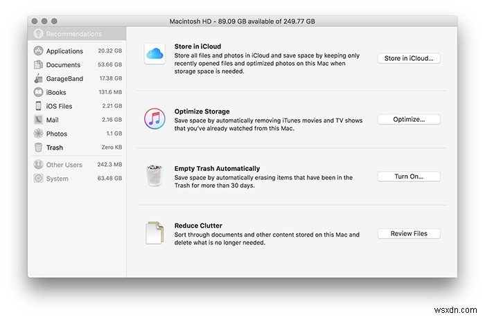 macOS 시에라의  제거 가능(Purgeable)  공간 완벽 이해와 저장 공간 최적화 방법