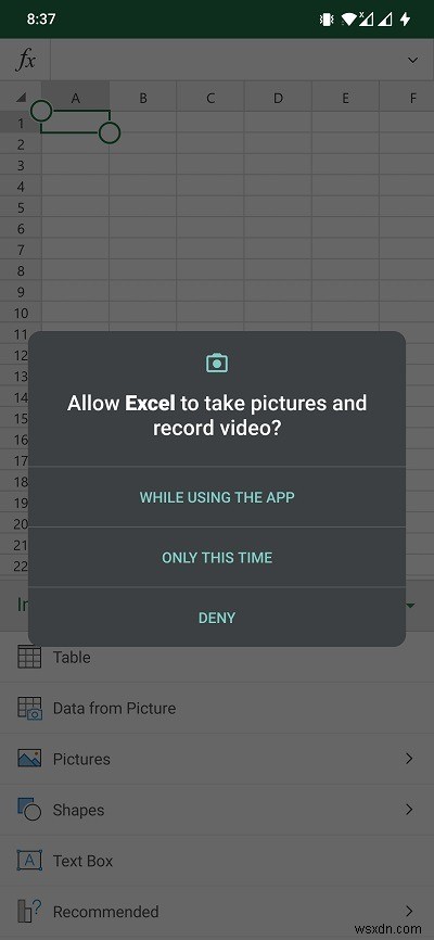 안드로이드 MS Excel에서 사진 속 데이터 삽입하는 방법
