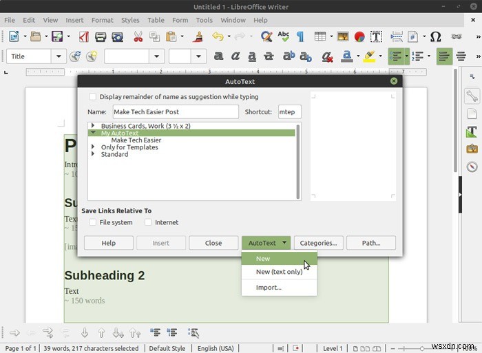 LibreOffice Writer에서 나만의 상용구(AutoText) 템플릿 만드는 방법