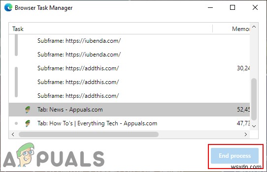 Microsoft Edge 브라우저 작업 관리자에서 프로세스 종료 버튼 비활성화하는 방법