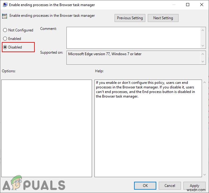 Microsoft Edge 브라우저 작업 관리자에서 프로세스 종료 버튼 비활성화하는 방법