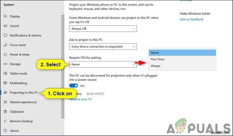 Windows 10  이 PC로 투사  기능에서 페어링 PIN 요구 설정을 켜거나 끄는 방법