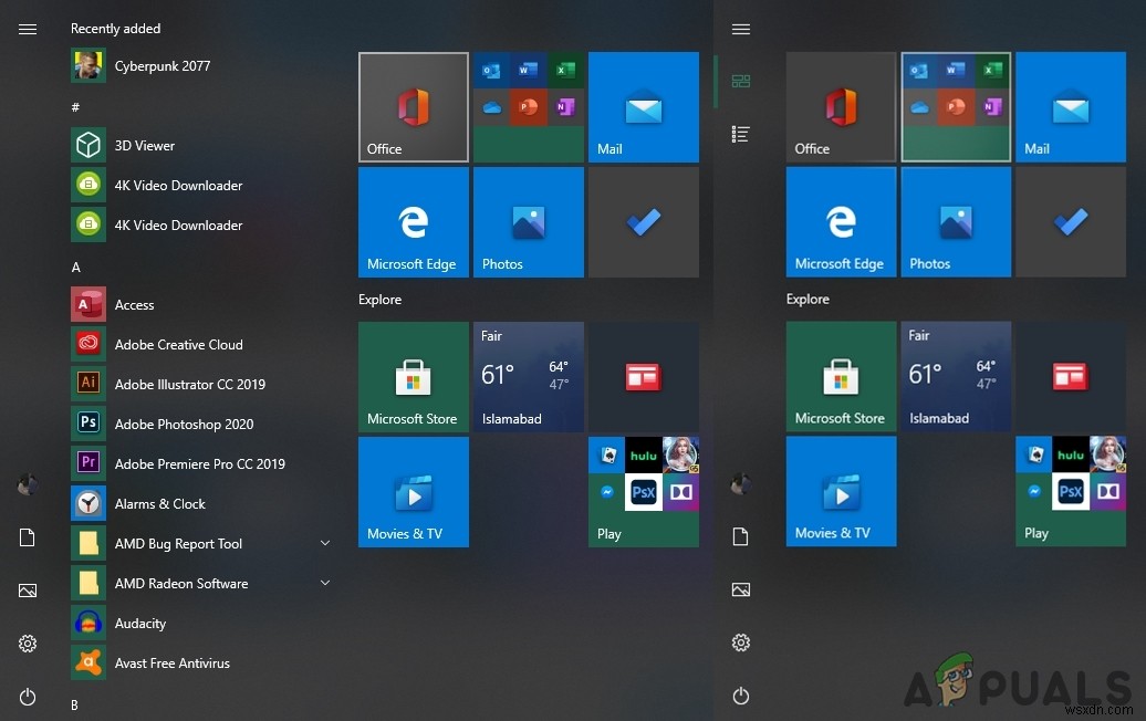 Windows 10 시작 메뉴에서 모든 앱 목록 표시 또는 숨기기 설정하는 방법