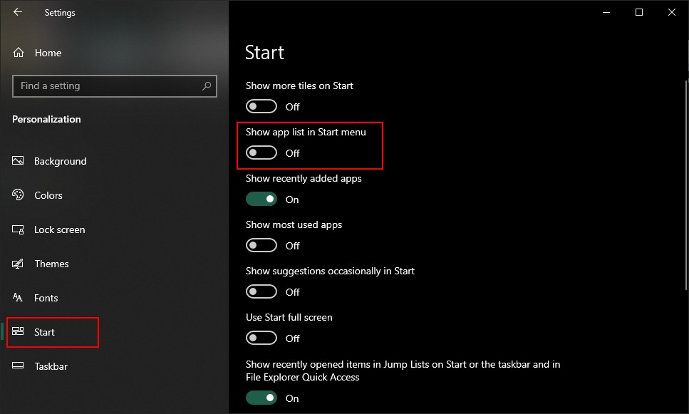 Windows 10 시작 메뉴에서 모든 앱 목록 표시 또는 숨기기 설정하는 방법