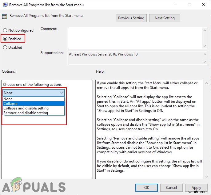Windows 10 시작 메뉴에서 모든 앱 목록 표시 또는 숨기기 설정하는 방법
