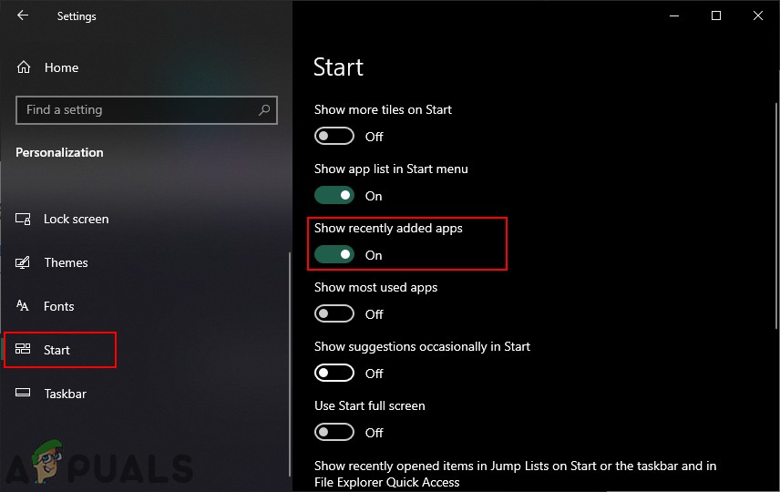 Windows 10 시작 메뉴에서 최근에 추가된 앱 목록을 제거하는 방법