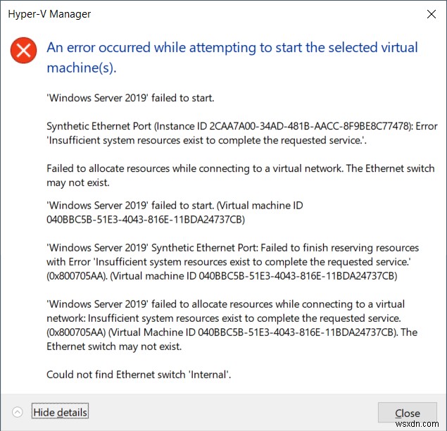 Hyper-V 2019 이더넷 스위치 오류로 가상 머신 시작 실패 시 해결 방법