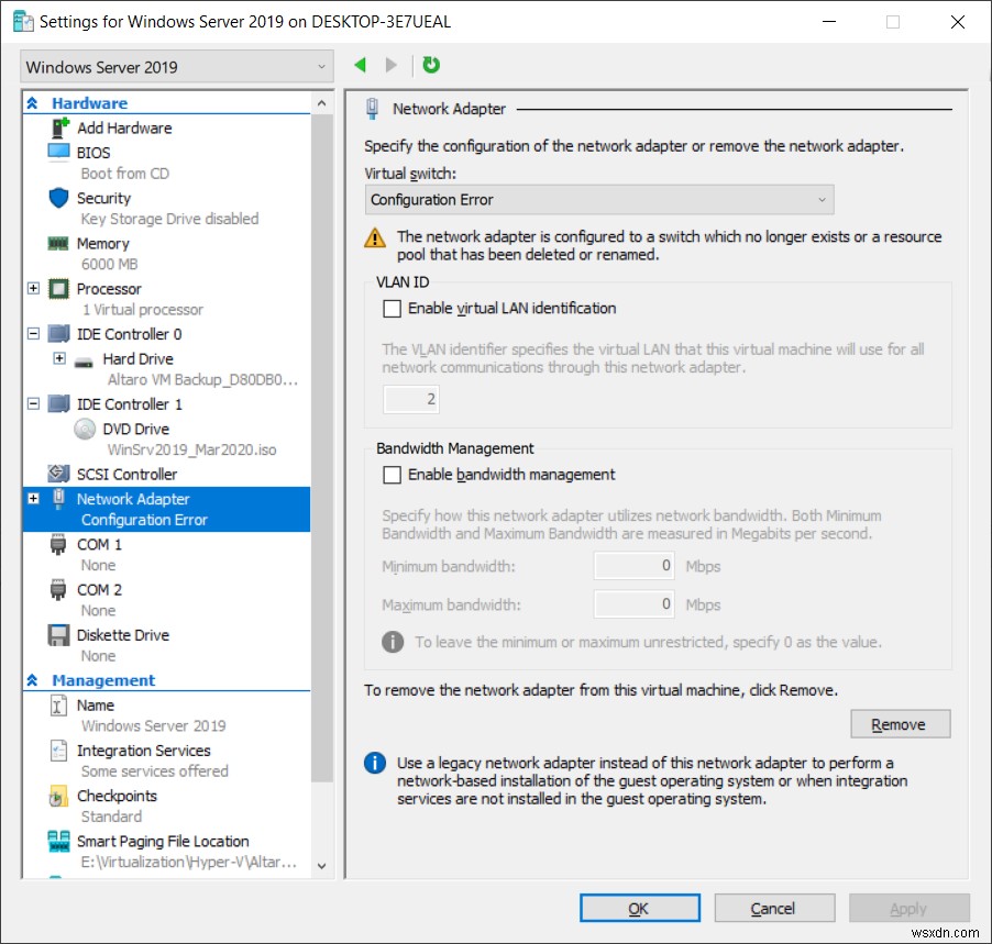 Hyper-V 2019 이더넷 스위치 오류로 가상 머신 시작 실패 시 해결 방법