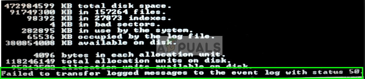 해결 방법: chkdsk 기록된 메시지를 상태 50의 로그 이벤트로 전송하지 못했습니다 오류