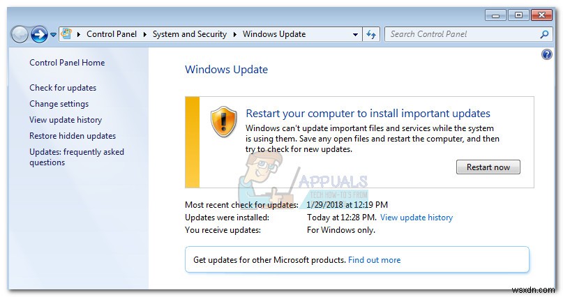 Windows Update 독립 실행형 설치 프로그램이  업데이트 검색 중 에서 멈추는 문제 해결 방법