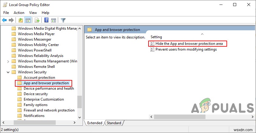 Windows 10에서 앱 및 브라우저 보호 영역 숨기는 방법