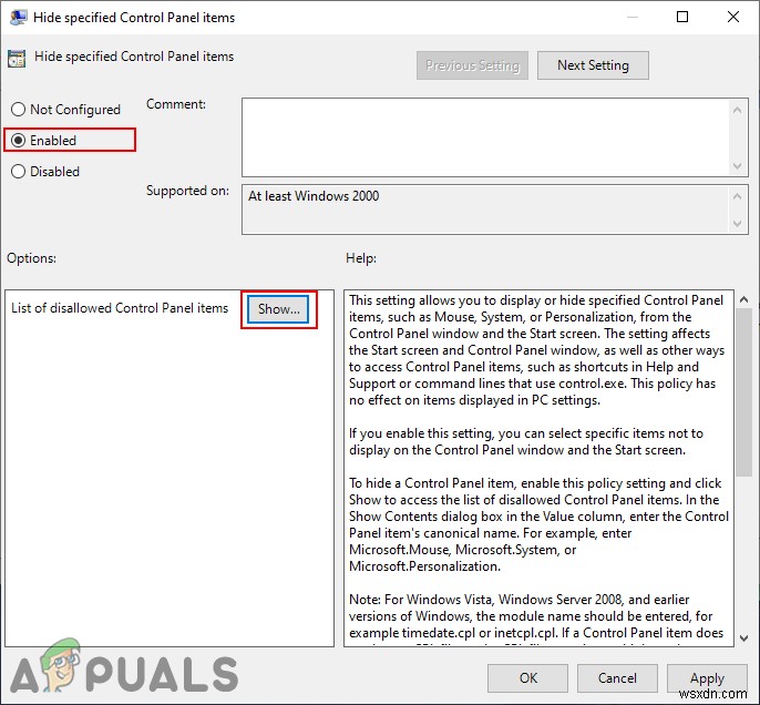 Windows 10에서 특정 제어판 항목 숨기기 또는 표시하는 방법